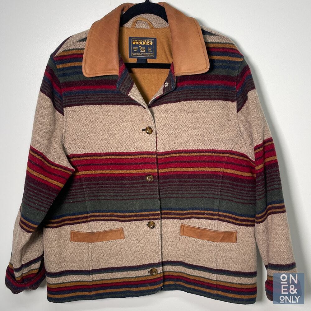 Vintage 90s WOOLRICH Wool Blanket Serape Striped Jacket Navajo Style Coat Sz Med